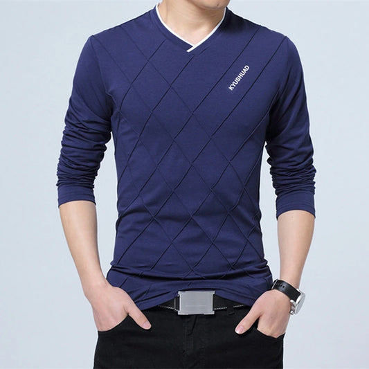 Men’s Slim Fit Casual Tee – Argyle Crease V-Neck Long Sleeve Top