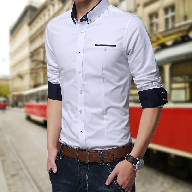 Men’s Solid Color Slim Fit Business Casual Shirt – Long Sleeve Turn-Down Collar