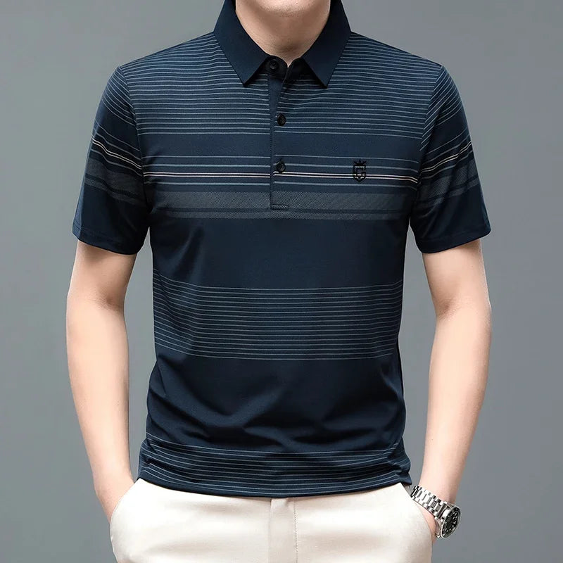 Men’s Striped Short Sleeve Polo – Breathable Contrast Color Summer Shirt