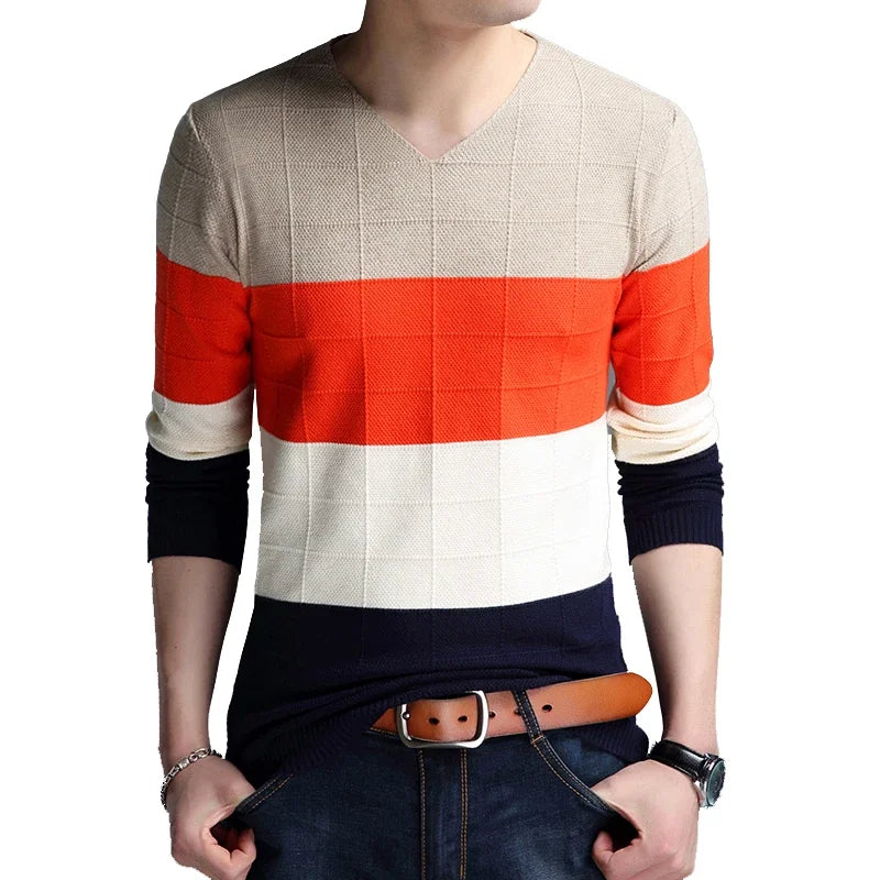 Men’s Patchwork V-Neck Pullover – Autumn Slim Fit Casual Knit Sweater