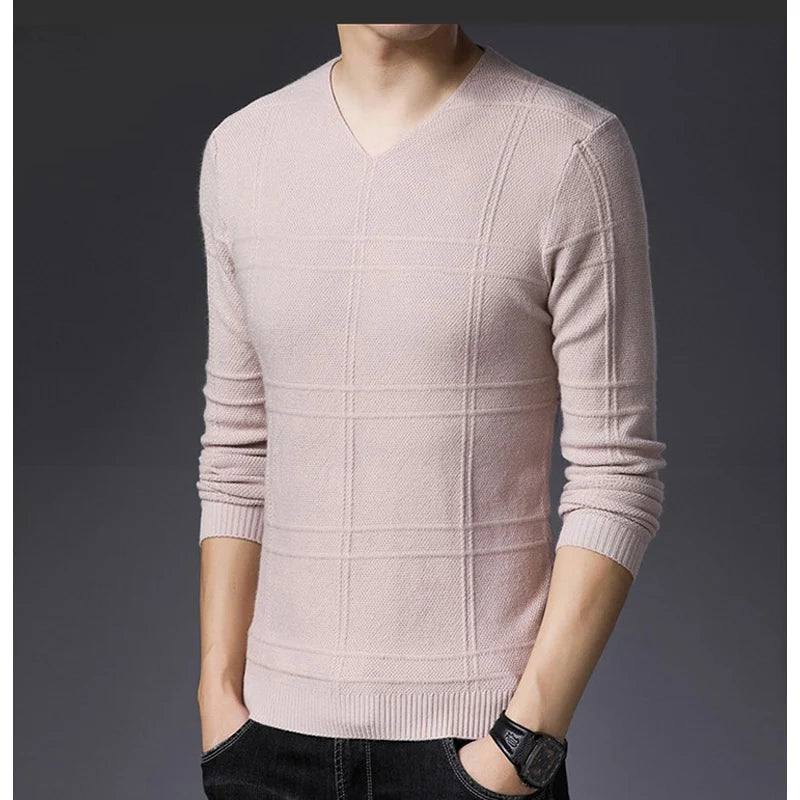 Solid Color V-Neck Sweater for Men – Korean Fashion Slim Fit Style