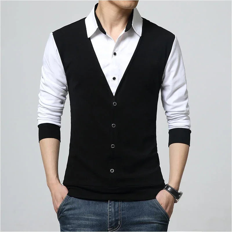 Men’s Slim Fit Casual Tee – Turn-Down Collar Long Sleeve Patchwork Top