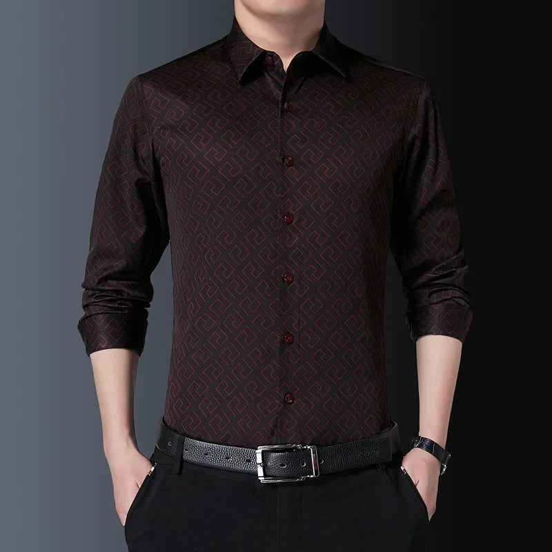 Men’s Slim Fit Printed Casual Shirt – Long Sleeve Turn-Down Collar