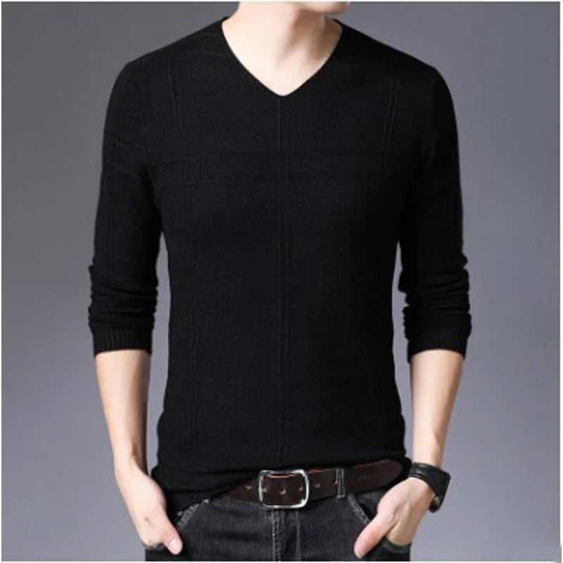 Solid Color V-Neck Sweater for Men – Korean Fashion Slim Fit Style