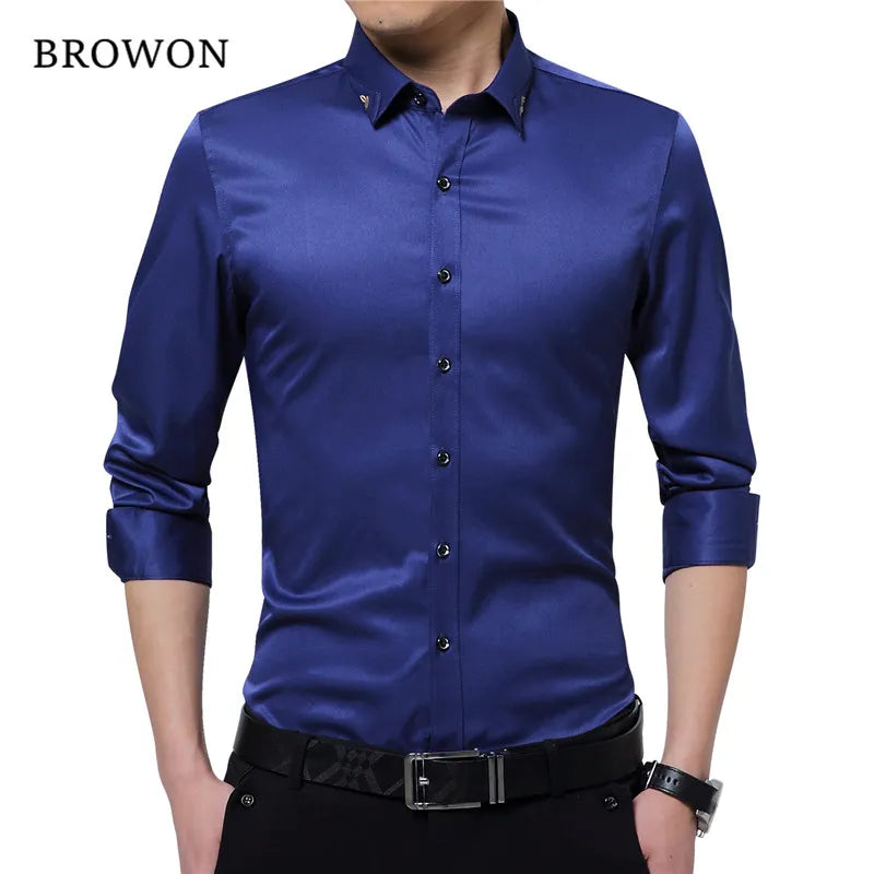 Classic Solid Color Men’s Dress Shirt – Luxury Silky Fabric Business & Formal Wear
