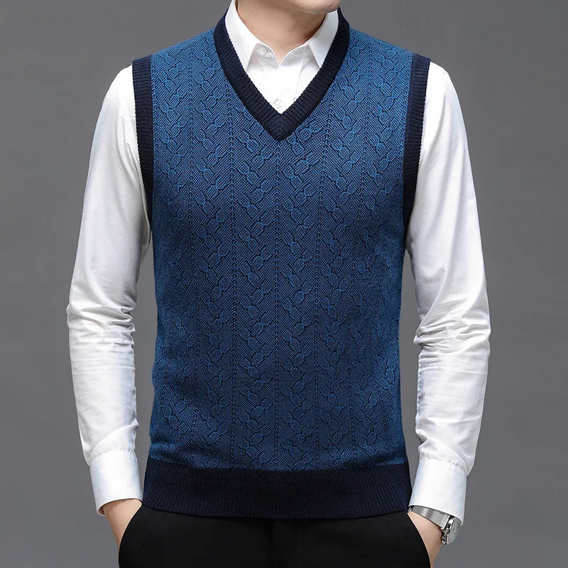 Classic Jacquard Knit Sleeveless Vest for Men – Warm Solid Color Sweater