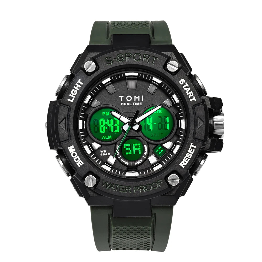 Men's Multi functional Sports Watch Dual Movement Cool Fashion Watch Night Glow Waterproof Trendy Student Electronic Watch