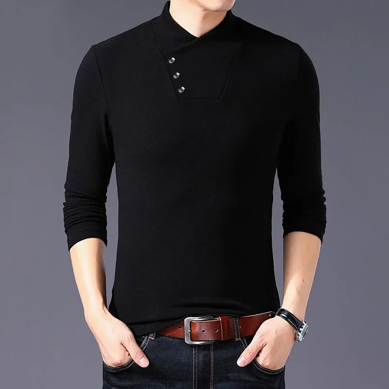 Fashion High Collar Men’s T-Shirt – Casual Elastic Long Sleeve Top