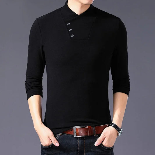 Fashion High Collar Men’s T-Shirt – Casual Elastic Long Sleeve Top