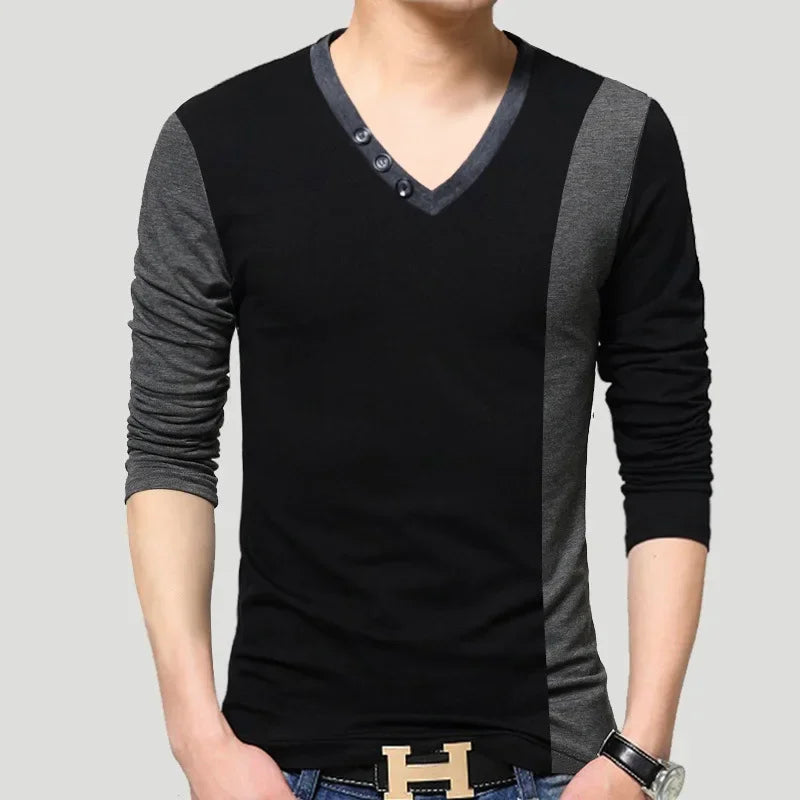 Men’s Slim Fit V-Neck Long Sleeve Tee – Color Patchwork Cotton Top