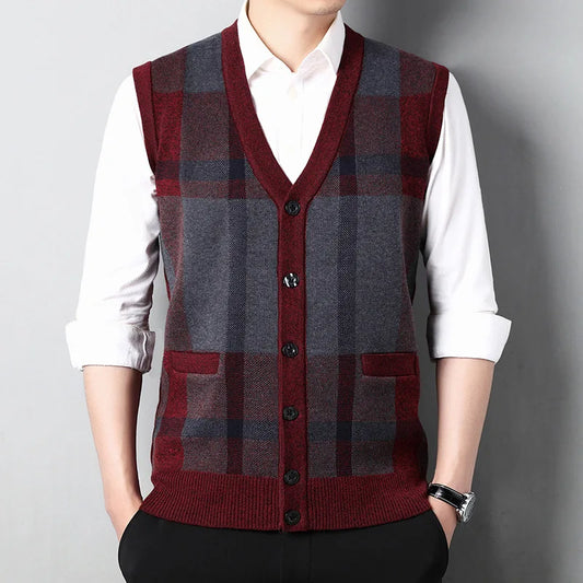 Men’s Plaid Knit Sweater Vest – V-Neck Slim Fit Sleeveless Cardigan