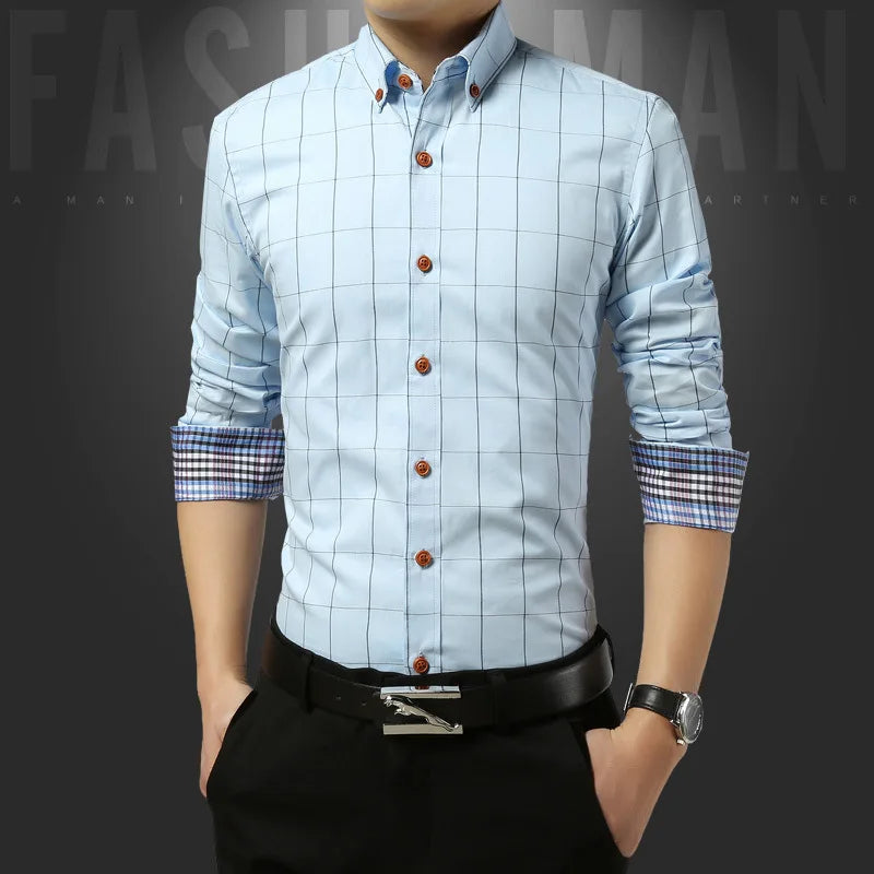 Men’s Slim Fit Plaid Shirt – Turn-Down Collar Smart Casual