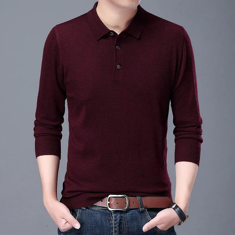 Men’s Knitted Long Sleeve Polo Tee – Turn-Down Collar Casual Solid Top