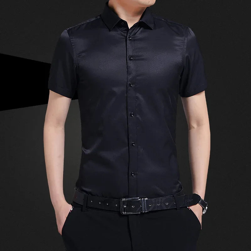 Men’s Slim Fit Business Dress Shirt – Solid Color Short Sleeve Work Shirt