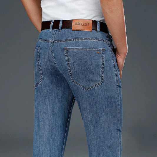 Thin Mid-Waist Casual Denim Pants – Comfortable Straight Fit Summer Jeans