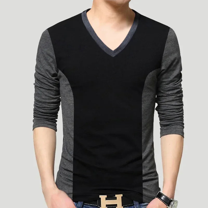 Men’s Slim Fit Casual Tee – V-Neck Long Sleeve Patchwork Top