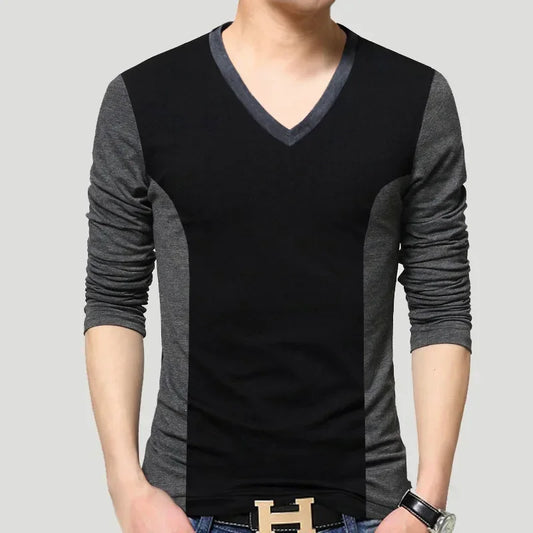 Men’s Slim Fit Casual Tee – V-Neck Long Sleeve Patchwork Top