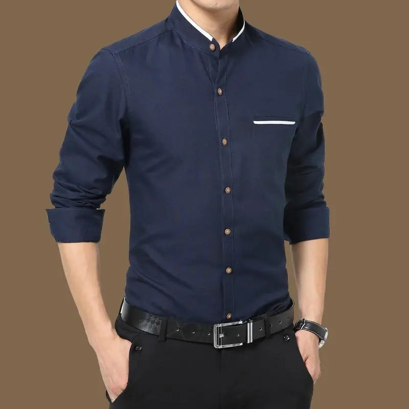 Korean Style Men’s Slim Fit Shirt – Solid Color Long Sleeve Business Casual