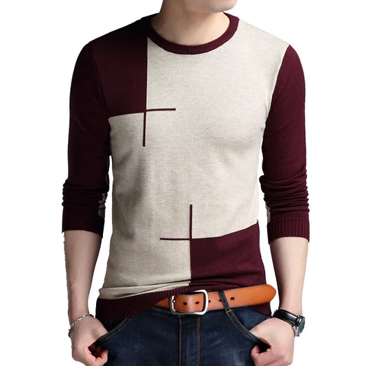 Men’s Slim Fit Patchwork O-Neck Sweater – Autumn Knit Pullover