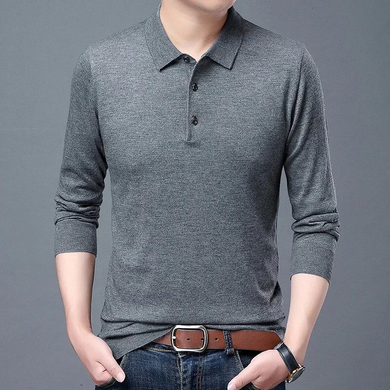 Men’s Knitted Long Sleeve Polo Tee – Turn-Down Collar Casual Solid Top