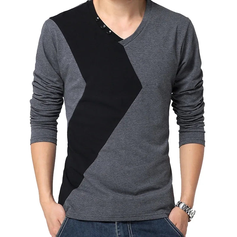 Men’s Slim Fit Casual Tee – V-Neck Long Sleeve Patchwork Top