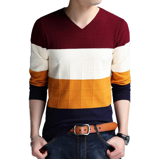 Men’s Patchwork V-Neck Pullover – Autumn Slim Fit Casual Knit Sweater