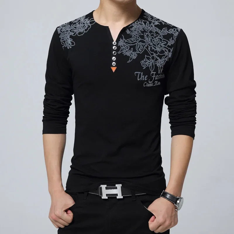 Men’s Straight Fit Long Sleeve T-Shirt – Floral Print Casual Top