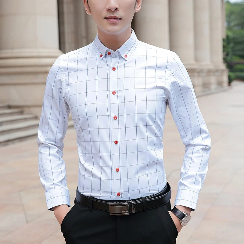 Spring Autumn Plaid Pattern Shirt for Men – Turn-Down Collar Business Casual