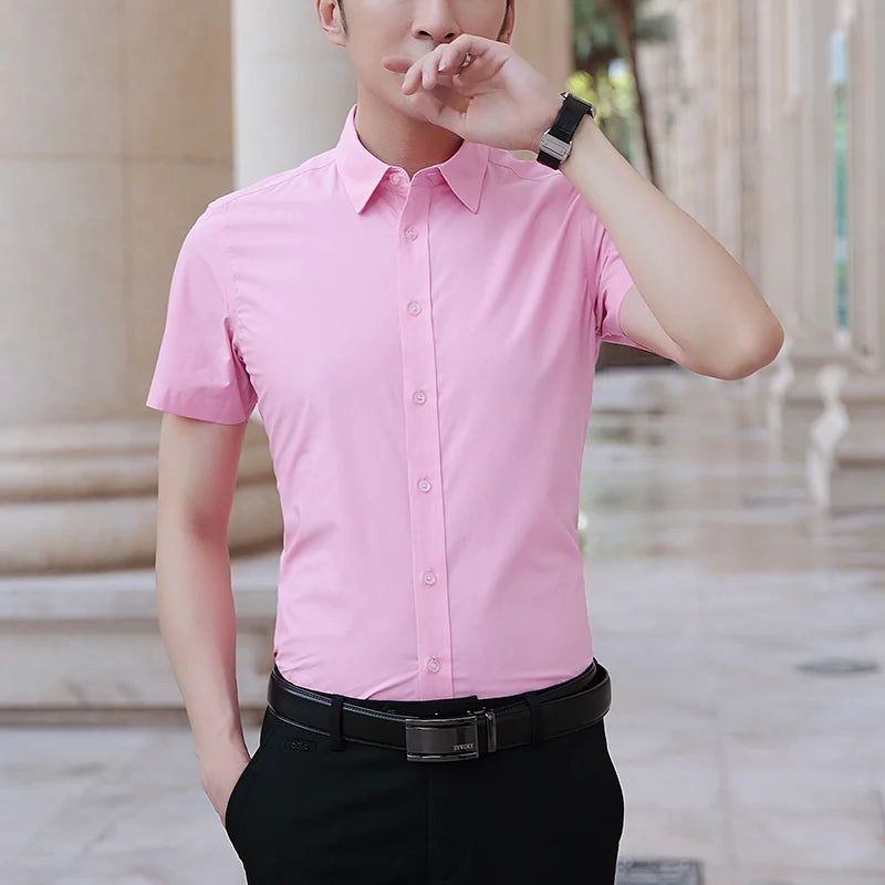 Men’s Slim Fit Short Sleeve Business Shirt – Solid Color Summer Casual