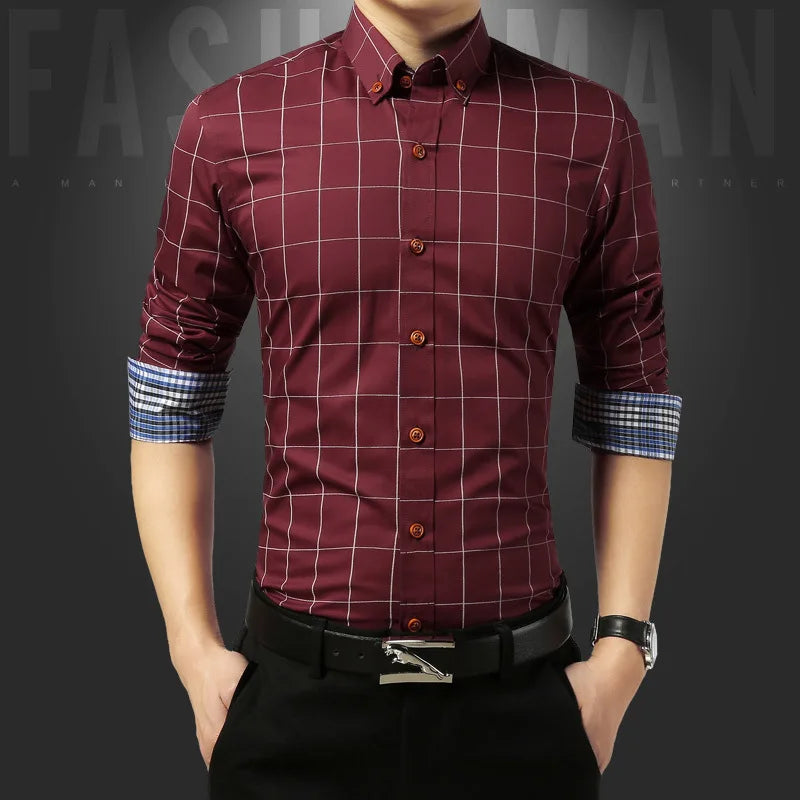 Men’s Slim Fit Plaid Shirt – Turn-Down Collar Smart Casual