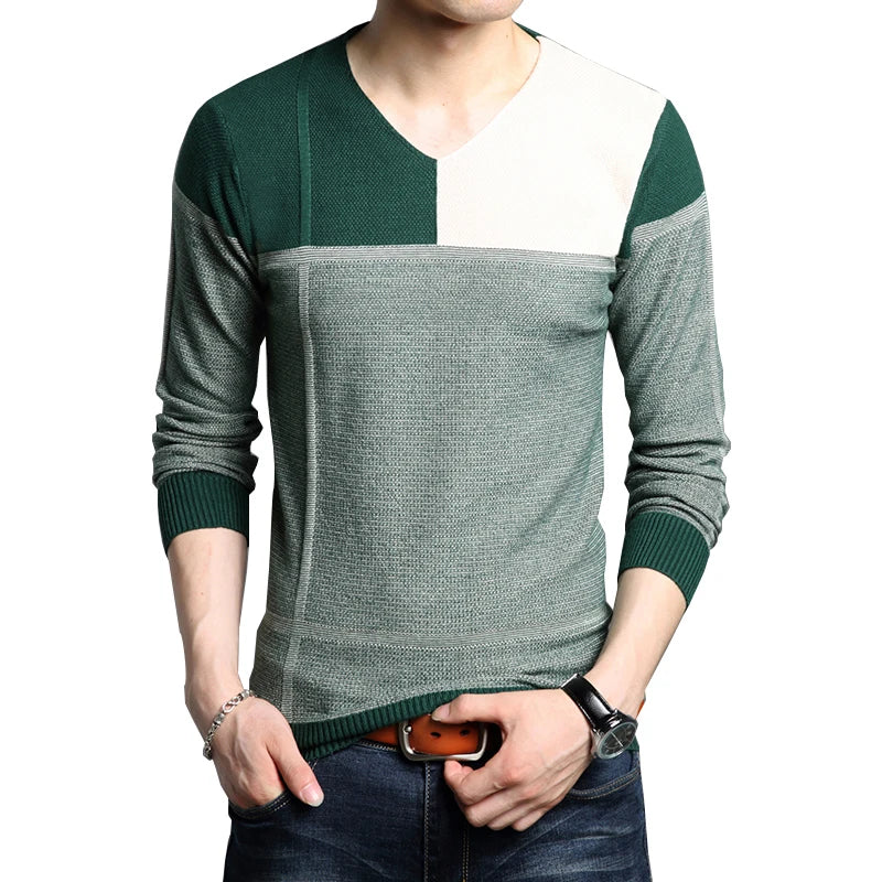Patchwork V-Neck Knitted Sweater for Men