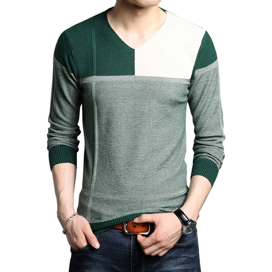 Patchwork V-Neck Knitted Sweater for Men