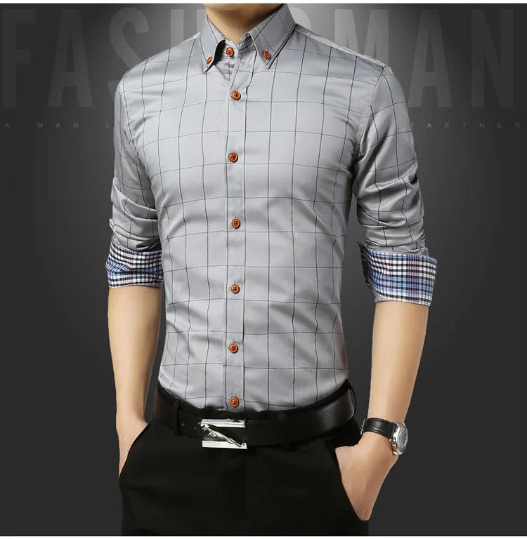 Men’s Slim Fit Plaid Shirt – Turn-Down Collar Smart Casual