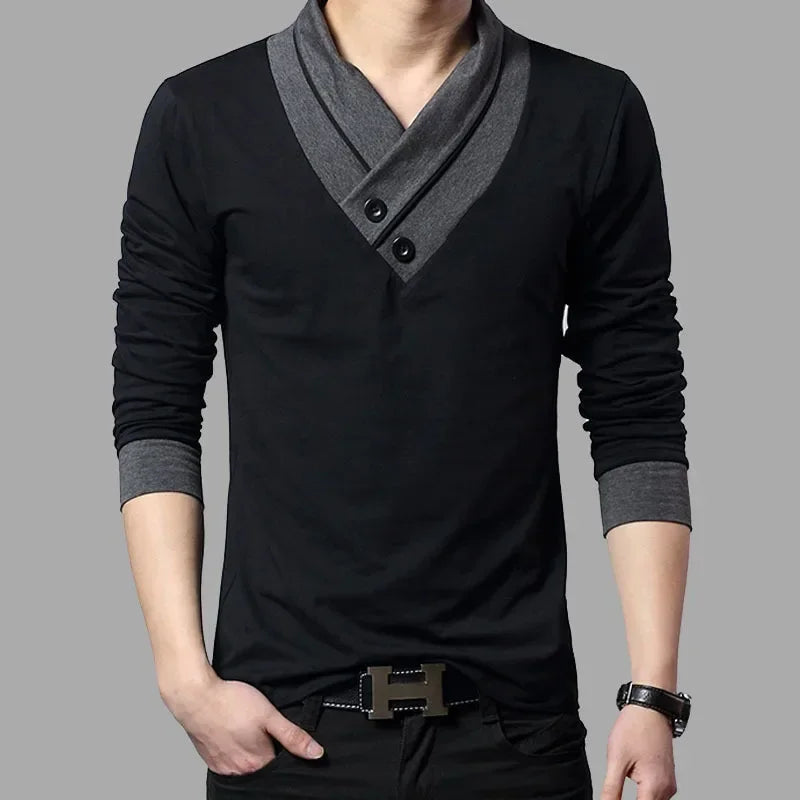 Men’s Slim Fit Casual Tee – V-Neck Long Sleeve Solid Color Top
