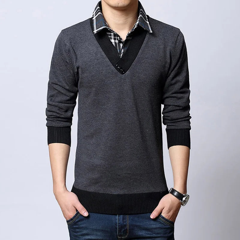 Men’s Slim Fit V-Neck Business Sweater – Fake Two-Piece Design