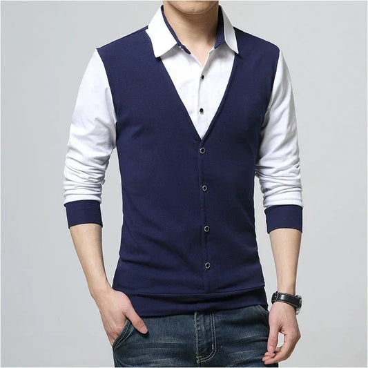 Men’s Slim Fit Casual Tee – Turn-Down Collar Long Sleeve Patchwork Top