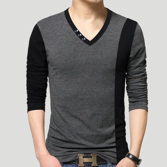 Men’s Slim Fit V-Neck Long Sleeve Tee – Color Patchwork Cotton Top