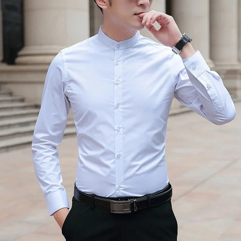 Men’s Stand Collar Slim Fit Dress Shirt – Business & Casual Long Sleeve