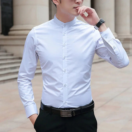 Men’s Stand Collar Slim Fit Dress Shirt – Business & Casual Long Sleeve