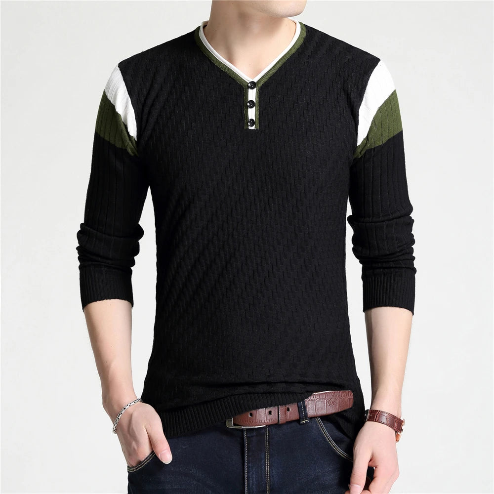 Elastic Knitted V-Neck Sweater for Men – Stylish Spliced Design