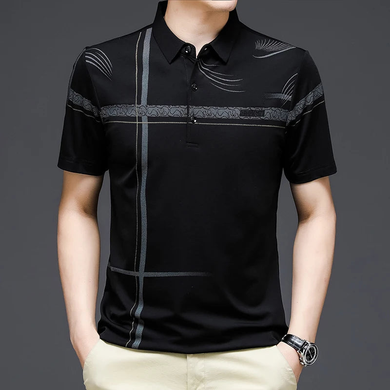 Men’s Printed Summer Polo Tee – Breathable Turn-Down Collar Short Sleeve Shirt
