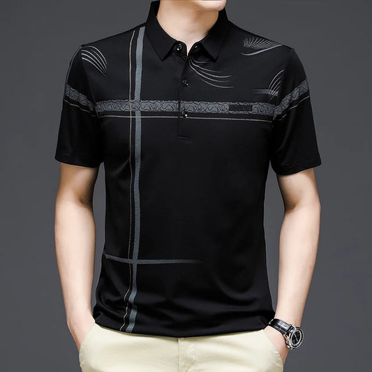 Men’s Printed Summer Polo Tee – Breathable Turn-Down Collar Short Sleeve Shirt