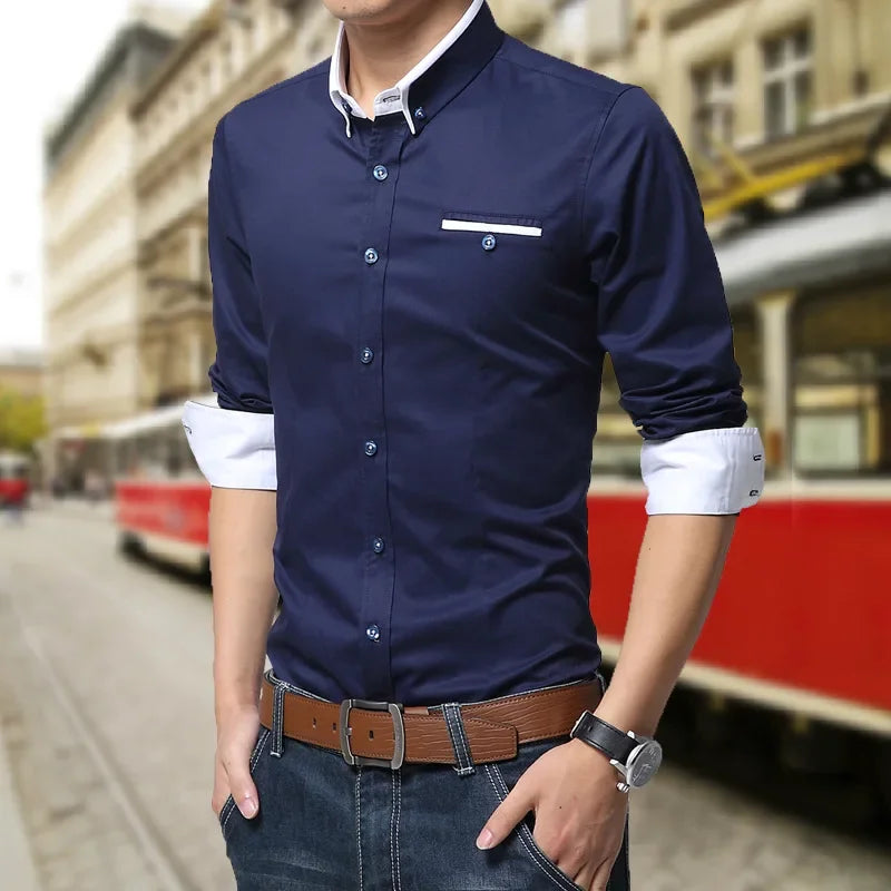 Men’s Solid Color Slim Fit Business Casual Shirt – Long Sleeve Turn-Down Collar