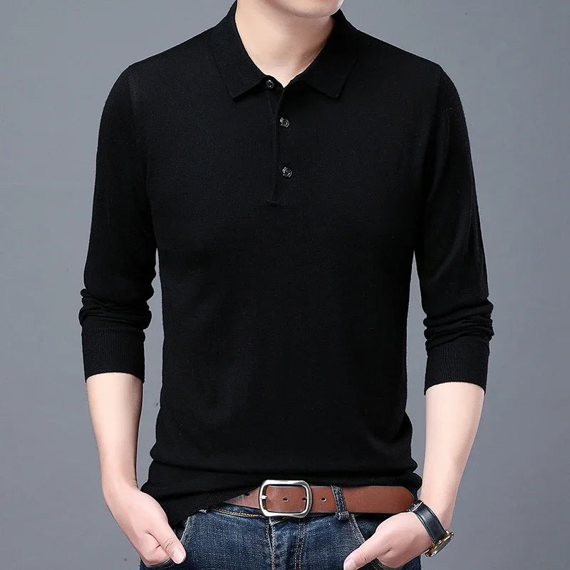 Men’s Knitted Long Sleeve Polo Tee – Turn-Down Collar Casual Solid Top