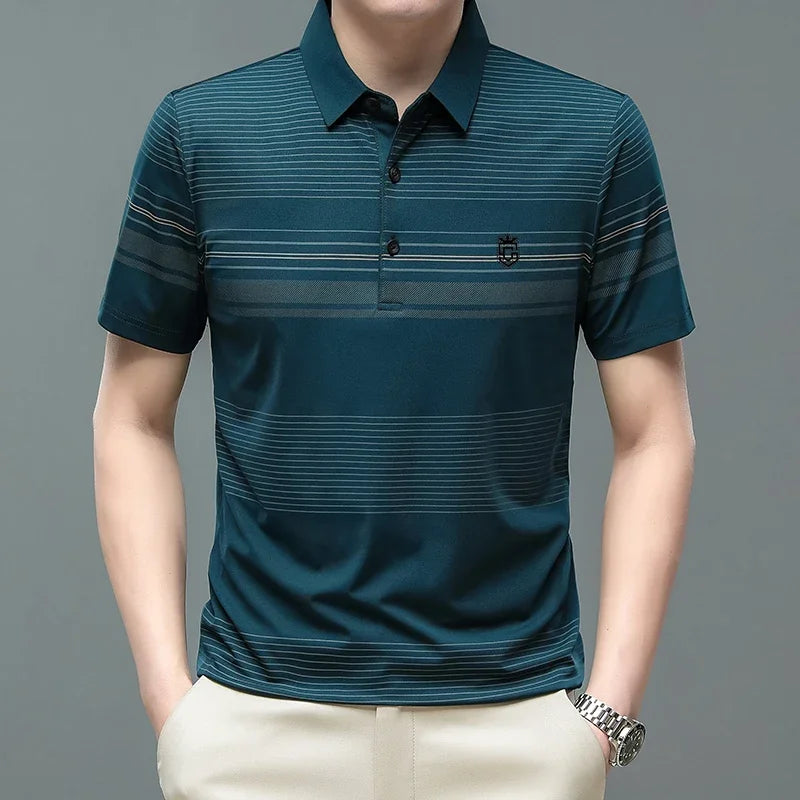Men’s Striped Short Sleeve Polo – Breathable Contrast Color Summer Shirt