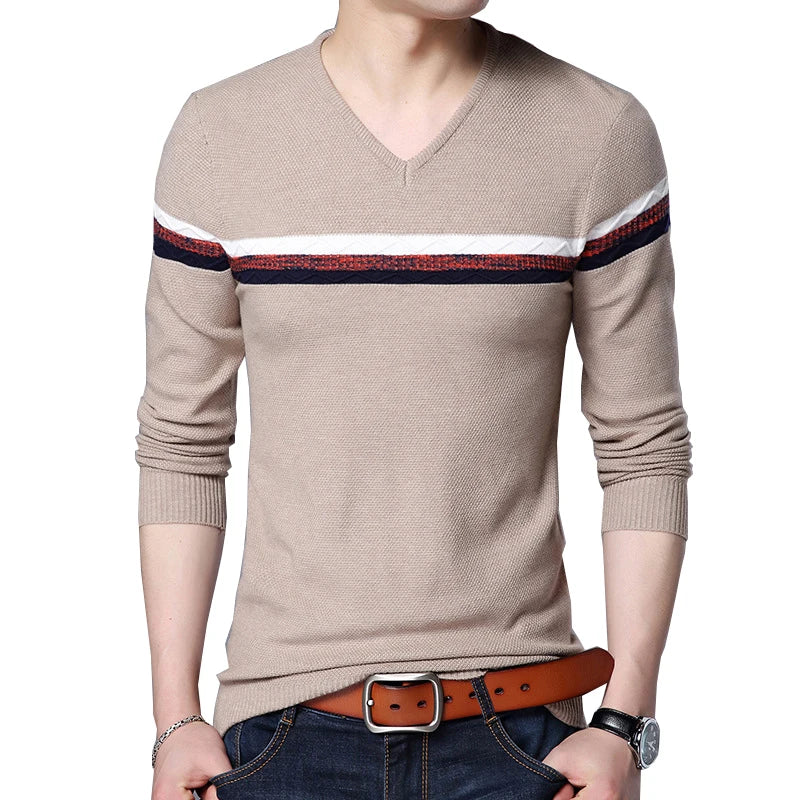 Men’s Slim Fit V-Neck Patchwork Sweater – Business Casual Knit Pullover