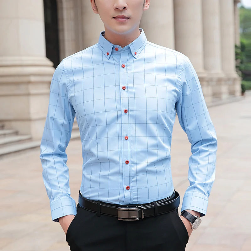Spring Autumn Plaid Pattern Shirt for Men – Turn-Down Collar Business Casual