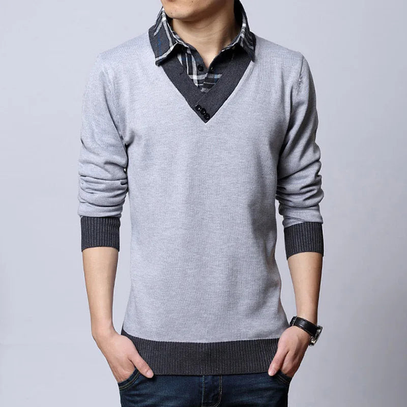 Men’s Slim Fit V-Neck Business Sweater – Fake Two-Piece Design