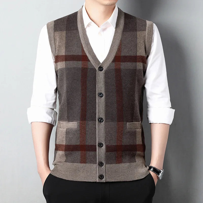 Men’s Plaid Knit Sweater Vest – V-Neck Slim Fit Sleeveless Cardigan