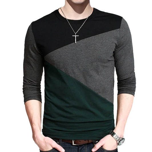 Men’s Color Patchwork Long Sleeve Tee – O-Neck Cotton Casual Top